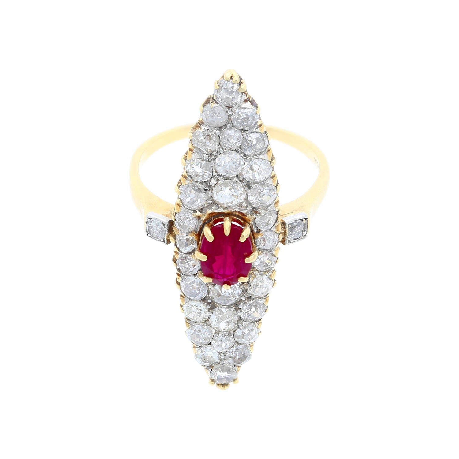 Vintage 14K Yellow Gold Old-Cut Ruby and Diamond Cocktail Long Ring-Rings-ASSAY