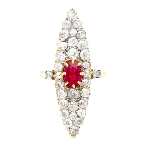 Vintage 14K Yellow Gold Old-Cut Ruby and Diamond Cocktail Long Ring