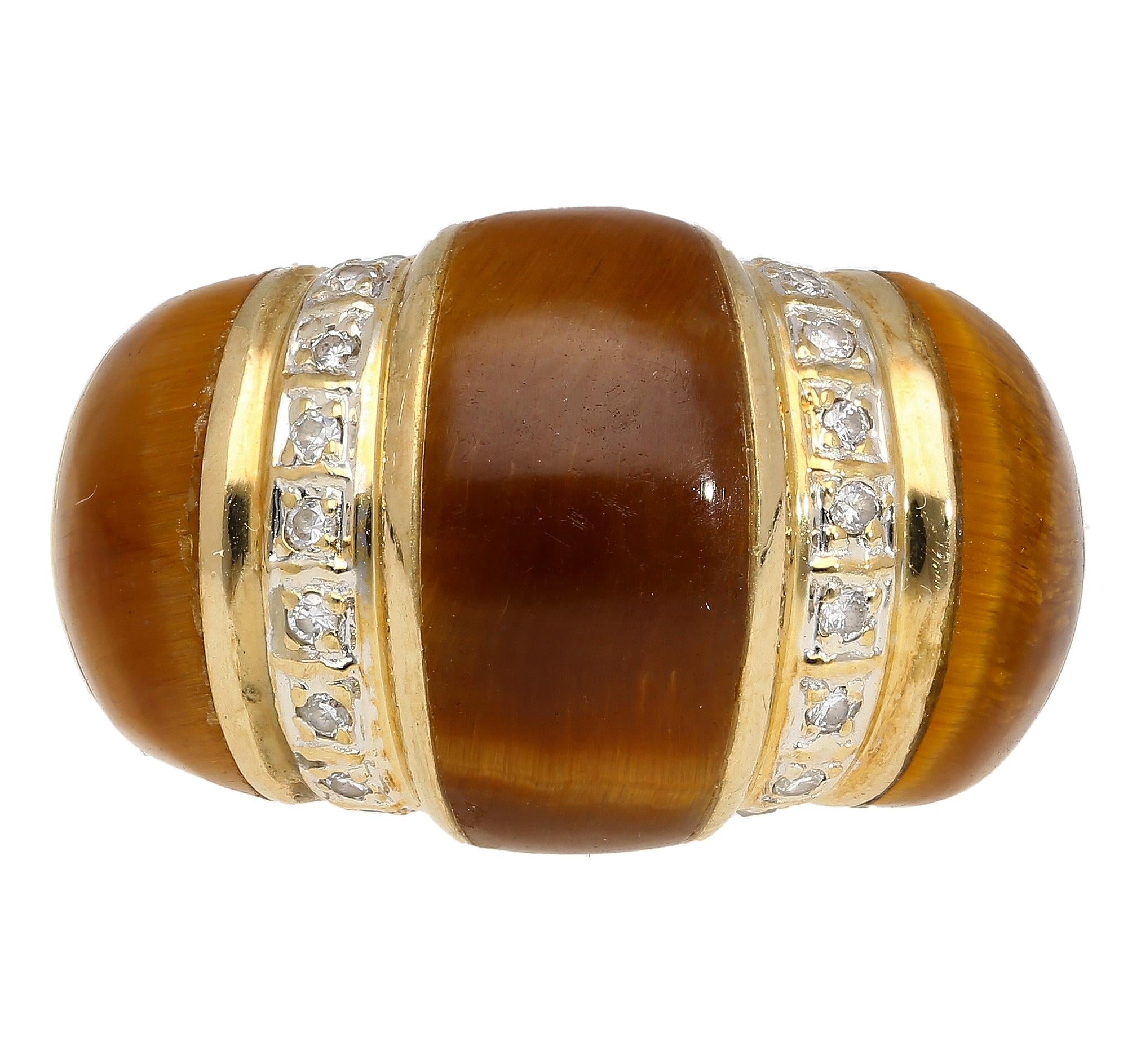 Vintage 14K Yellow Gold Tigers Eye & Diamond Dome Ring