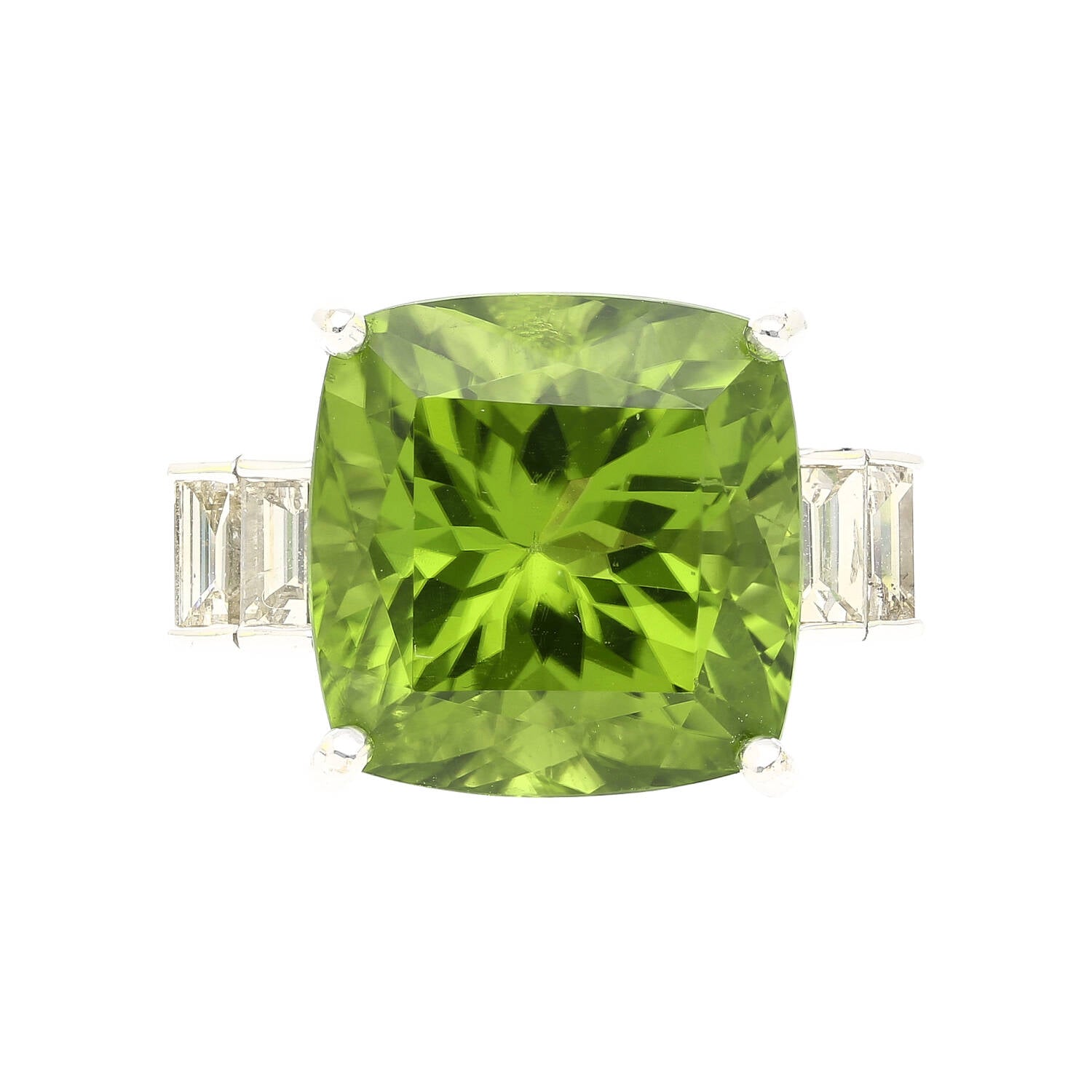 Vintage 14.11 Carat Peridot and Baguette Cut Diamond in 18K White Gold Ring-Rings-ASSAY