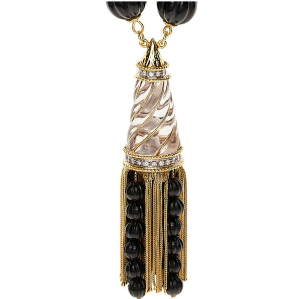 Vintage 18K Gold Tassel Necklace Quartz Black Onyx Diamond - 30 inches