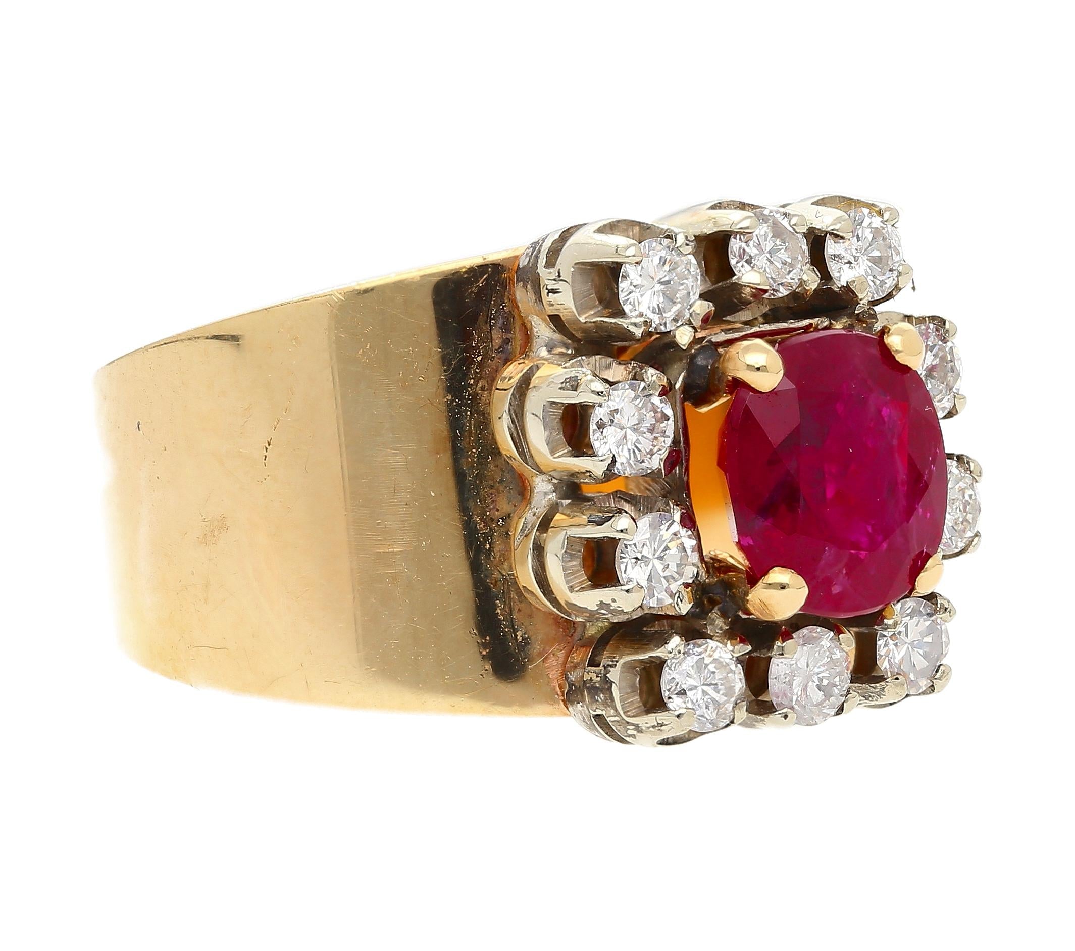 Vintage 1.54 Carat Cushion Cut Ruby in 14K Yellow Gold Wide Band