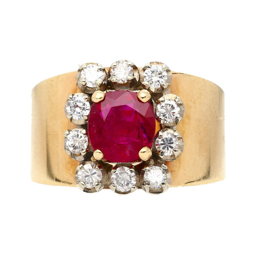 Vintage 1.54 Carat Cushion Cut Ruby in 14K Yellow Gold Wide Band