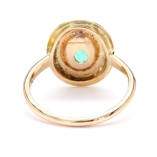 Vintage 2.24 Carat Oval Light Green Emerald 14K Gold Engraved Disc Ring