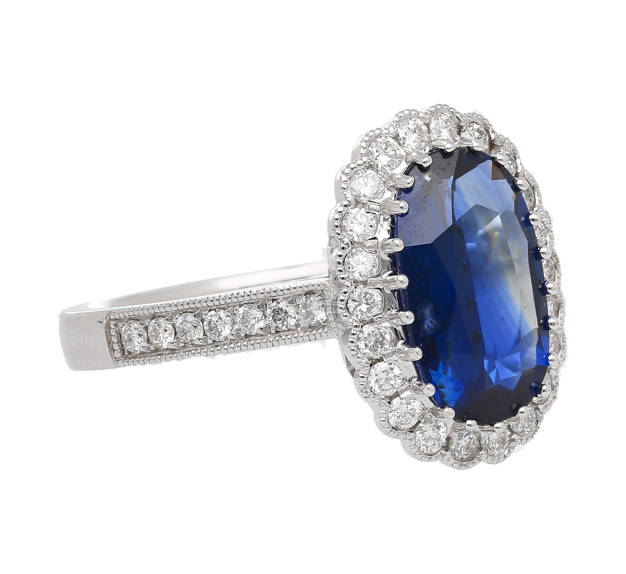 Vintage 2.38 Carat No Heat Oval Blue Sapphire & Milgrain Finish Diamond Ring