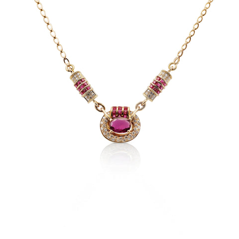 Vintage 2.70 Carat Oval Cut Ruby & Diamond 14K Gold Retro Pendant Necklace