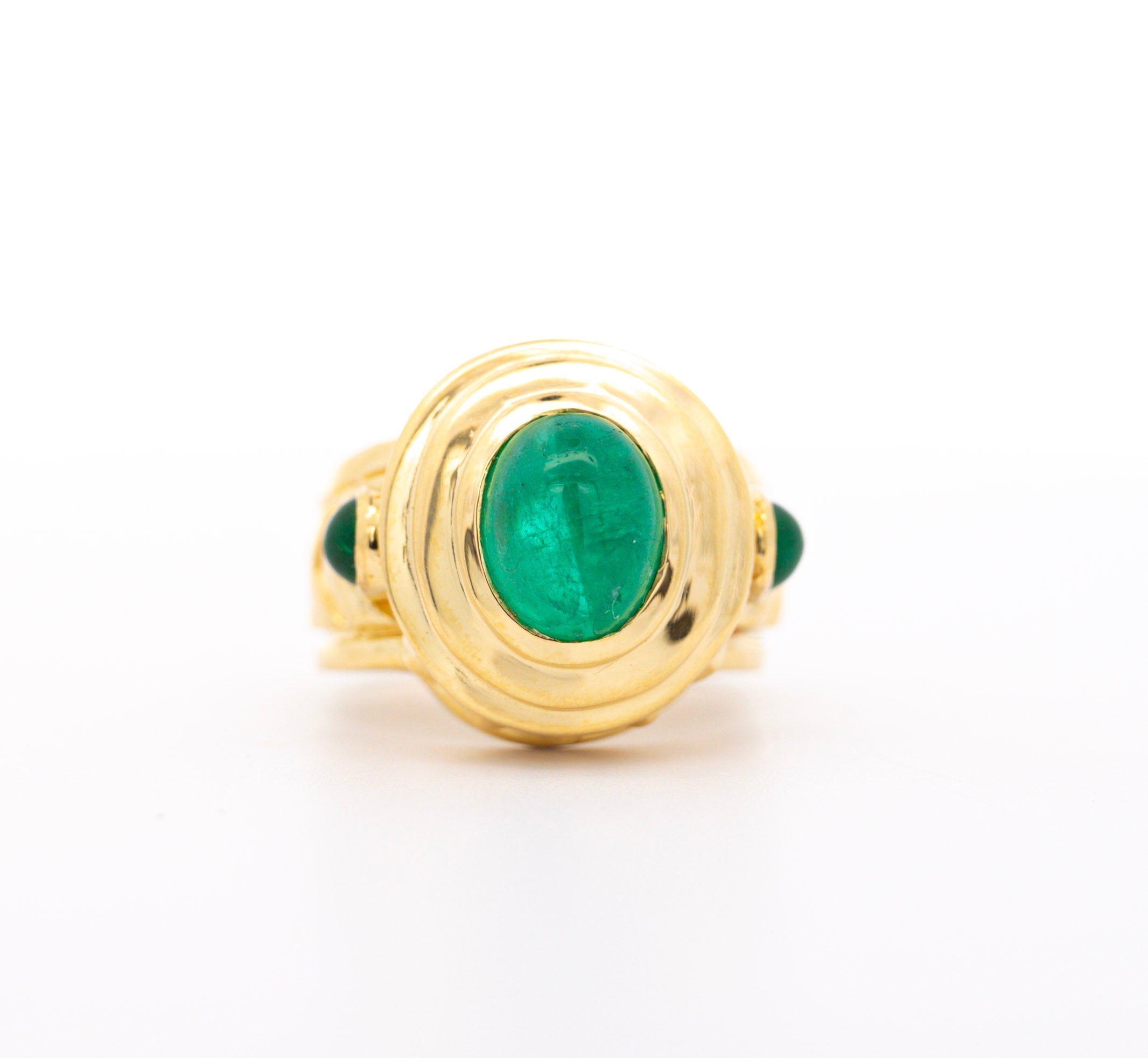 Vintage 3 Carat Cabochon Cut Colombian Emerald Bezel in 20K Yellow Gold Ring-Rings-ASSAY