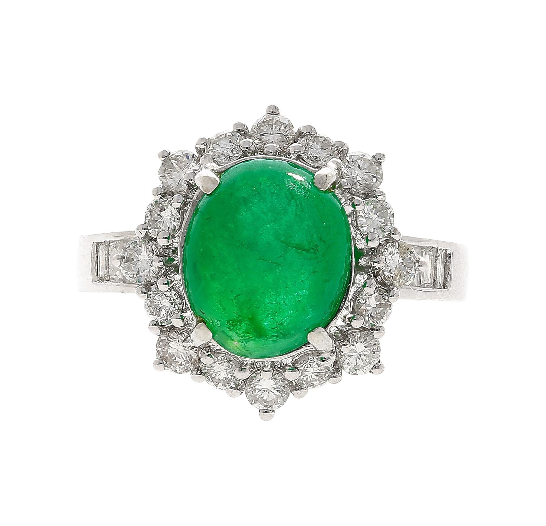 Vintage 3.32 Carat Cabochon Emerald and Diamond Halo Ring in 14K White Gold