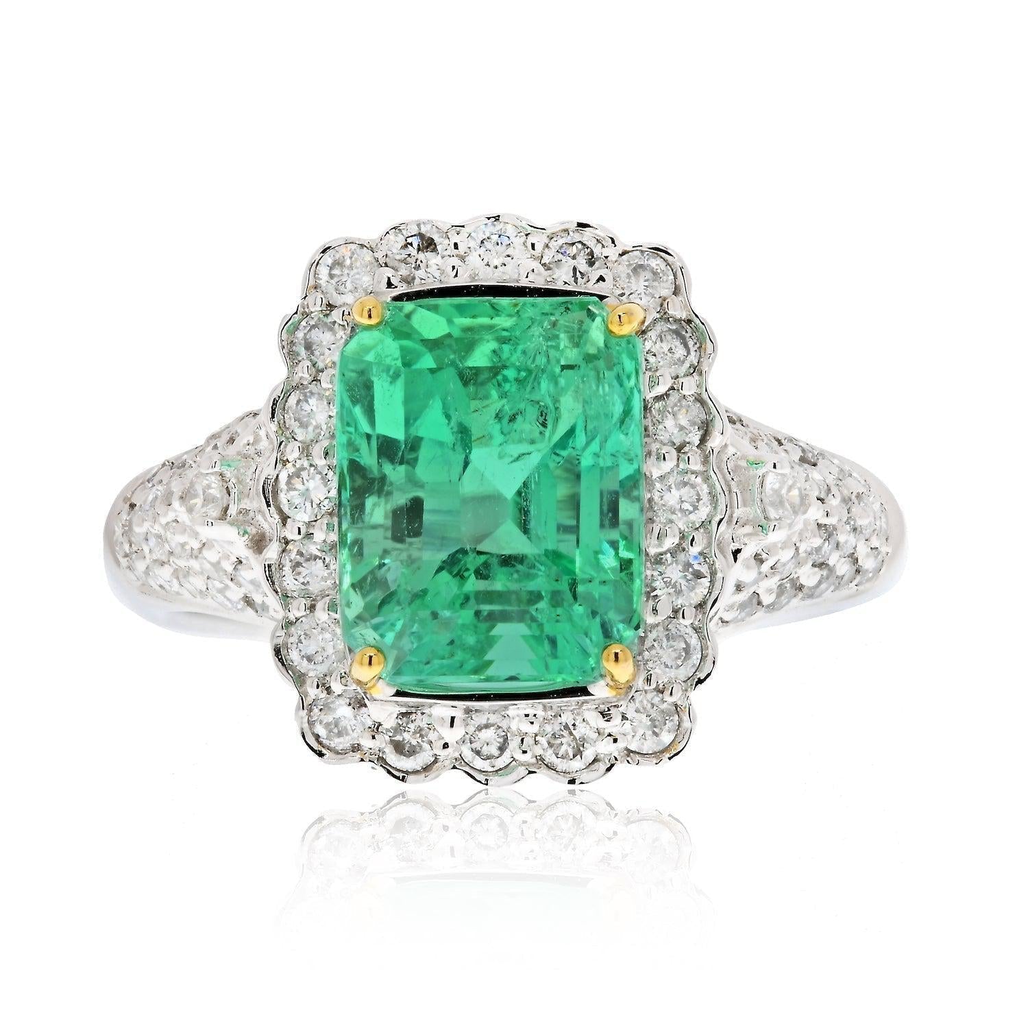 Vintage 3.58 Carat Emerald and Diamond Cocktail Ring in 18k White Gold - ASSAY