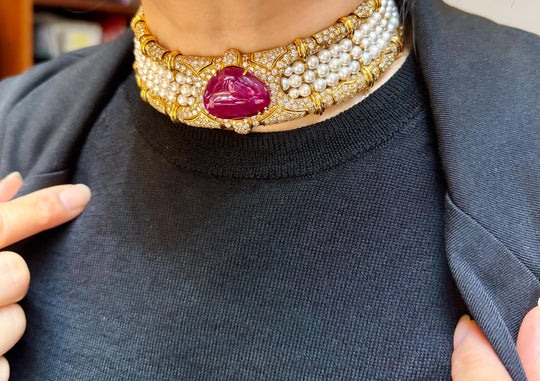 Vintage 45 Carat No Heat Ruby, Diamond, and Pearl Cuff Choker Necklace