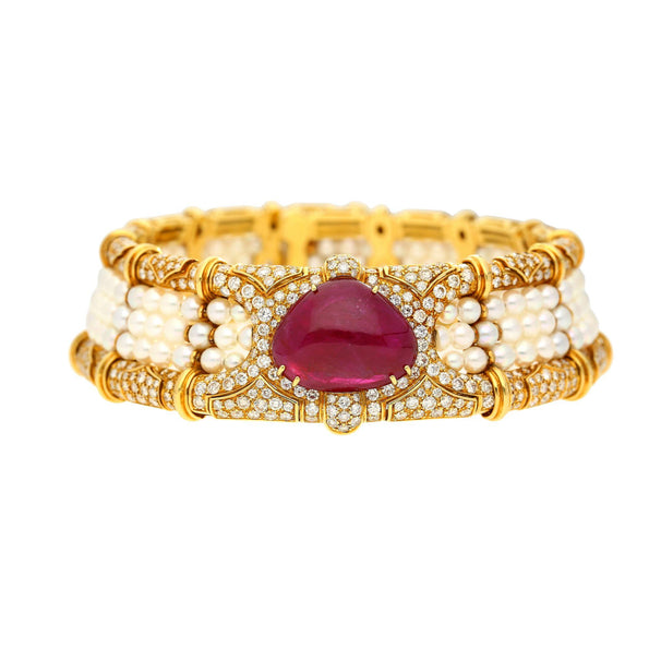 Vintage 45 Carat No Heat Ruby, Diamond, and Pearl Cuff Choker Necklace