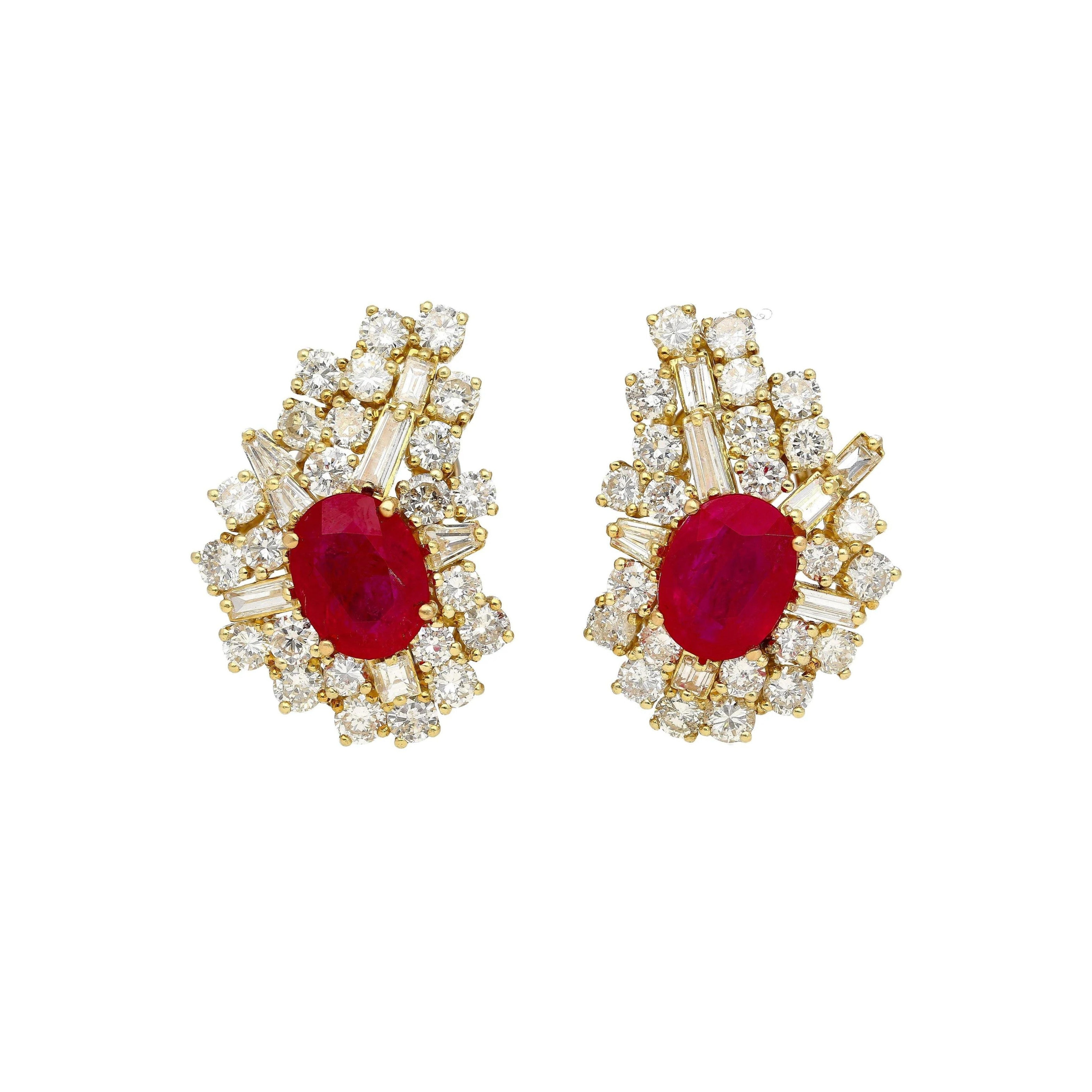 Vintage 4.5 Carat Ruby & Diamond Cluster Clip On Earrings in 18K Yellow Gold-Earrings-ASSAY