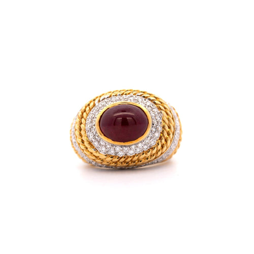 Vintage 5 Carat Cabochon Ruby, Diamond and 18K Gold Retro Bezel Rope Style Ring