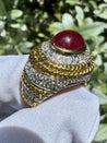 Vintage 5 Carat Cabochon Ruby, Diamond and 18K Gold Retro Bezel Rope Style Ring