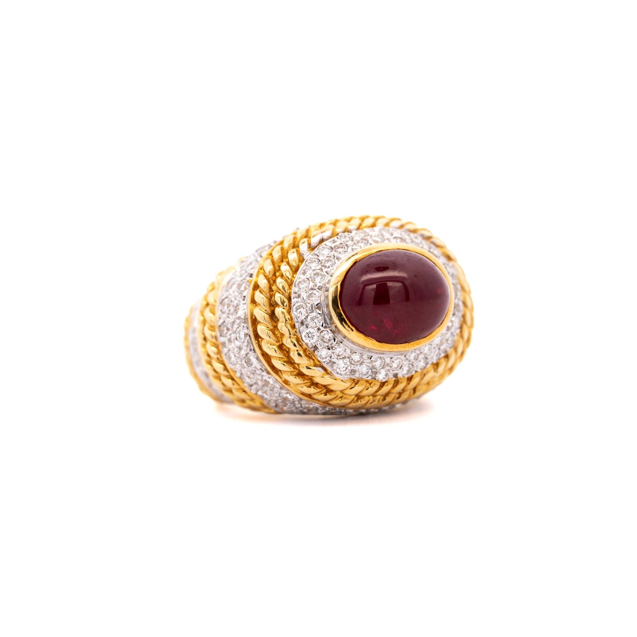 Vintage 5 Carat Cabochon Ruby, Diamond and 18K Gold Retro Bezel Rope Style Ring