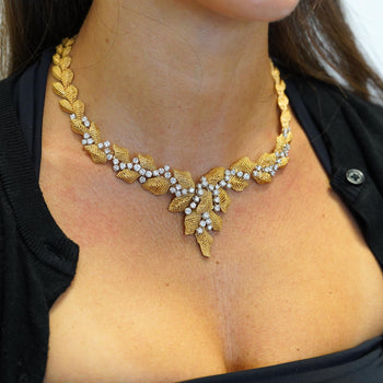 Vintage 7.3 Carat Diamond 18K Gold Textured Floral Leaf Chandelier Necklace – Assay Jewelers