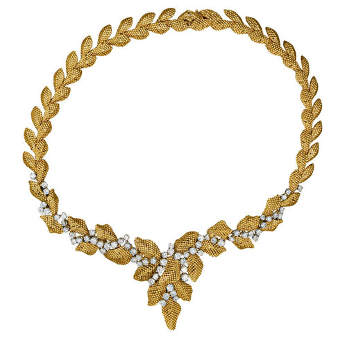 Vintage 7.3 Carat Diamond 18K Gold Textured Floral Leaf Chandelier Necklace