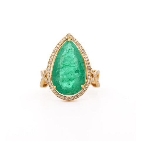 Vintage 9 Carat Pear Cut Zambian Emerald & Diamond Halo Ring Jacket in 18K Gold