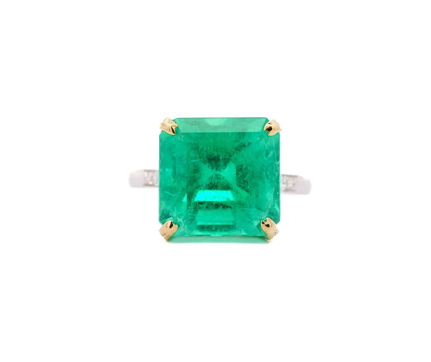 Vintage AGL Certified 11.28 Carat Colombian Emerald & Old Euro Cut Diamond Ring