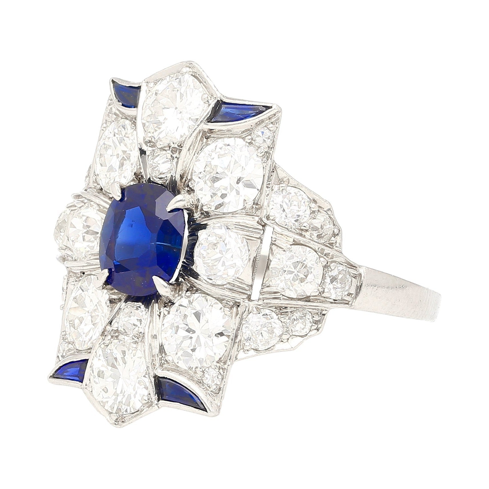 Vintage AGL Certified No Heat Blue Sapphire and Old Euro Cut Diamond Ring in Platinum-Rings-ASSAY