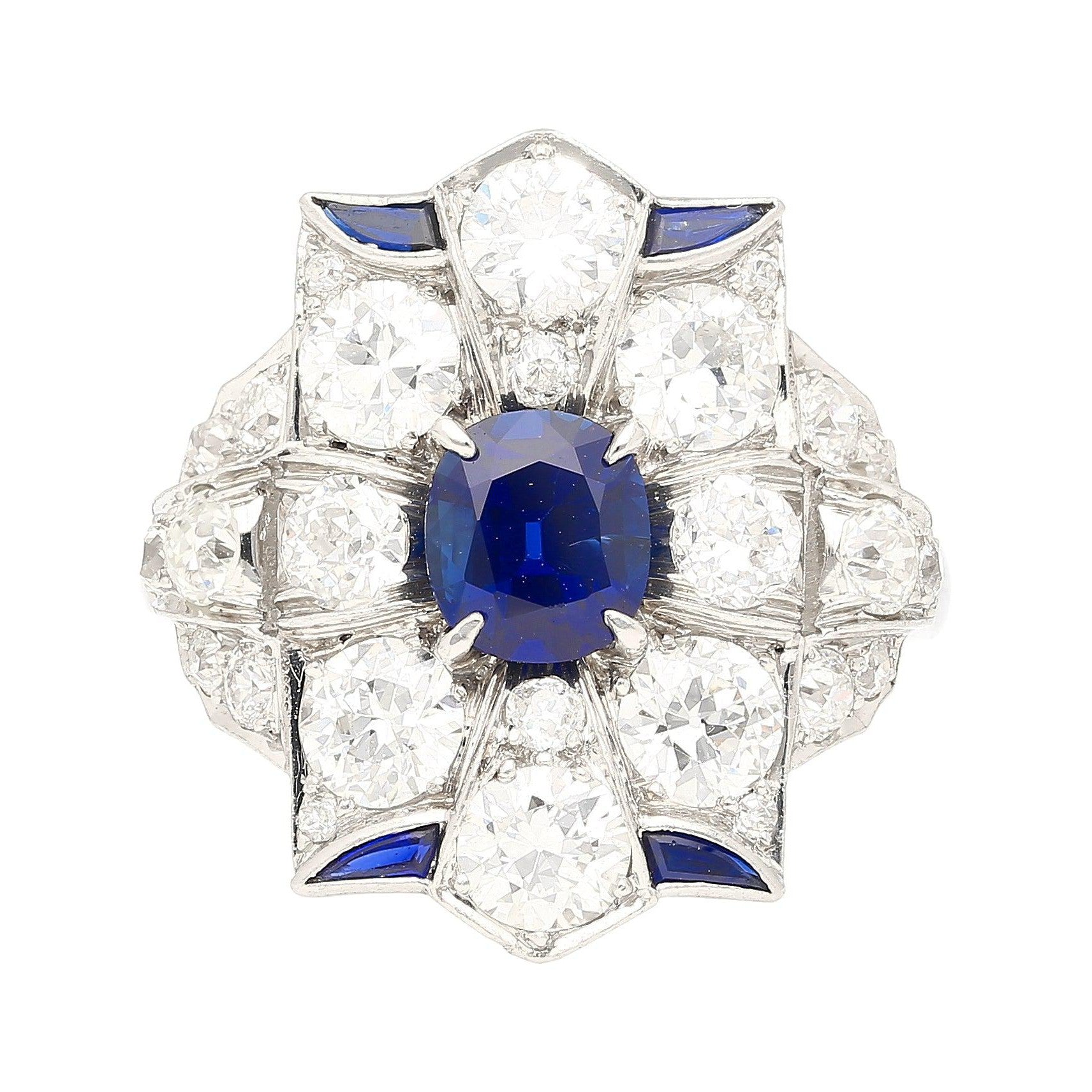 Vintage AGL Certified No Heat Blue Sapphire and Old Euro Cut Diamond Ring in Platinum-Rings-ASSAY