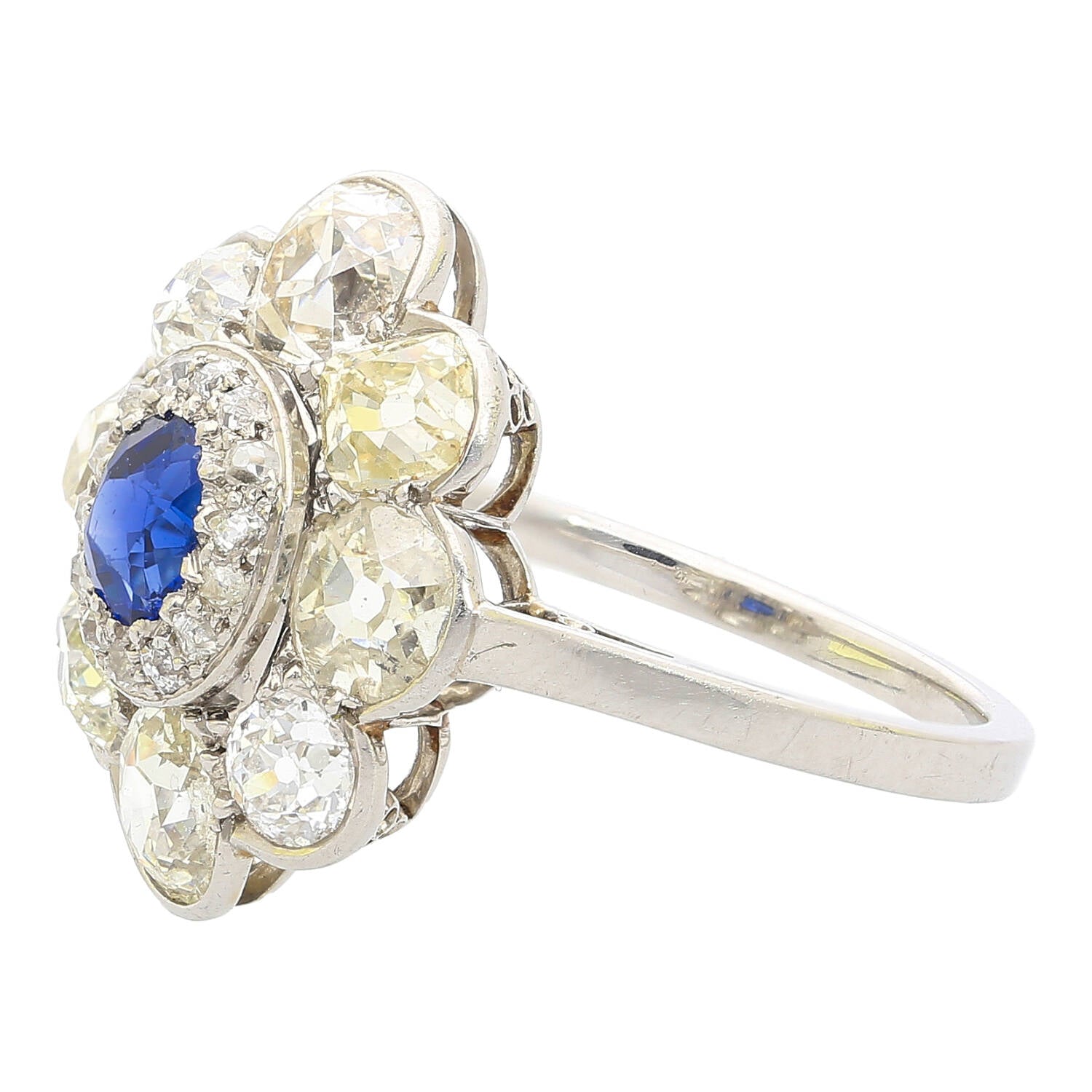 Vintage AGL Certified No Heat Burma Blue Sapphire and Old Euro Cut Diamond Ring in Platinum-Rings-ASSAY