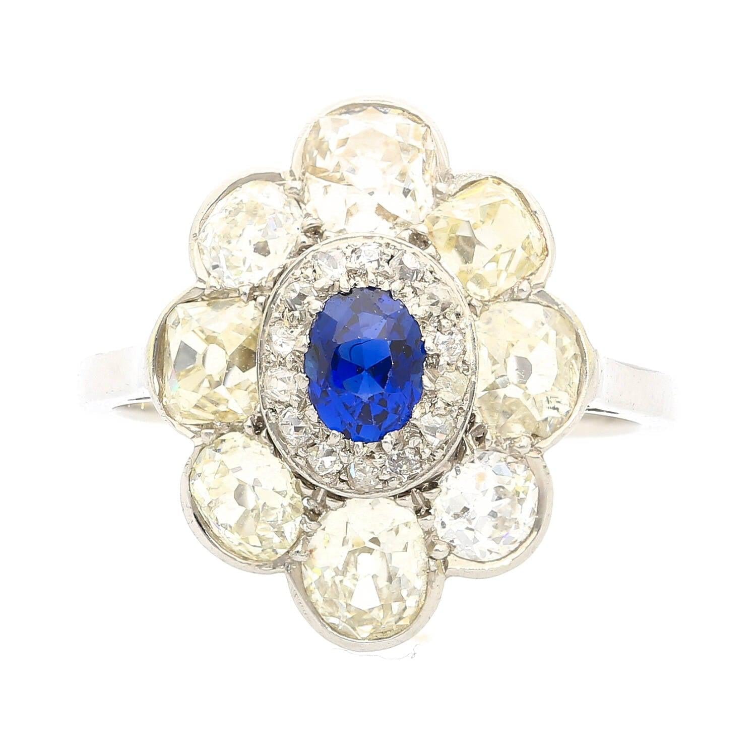 Vintage AGL Certified No Heat Burma Blue Sapphire and Old Euro Cut Diamond Ring in Platinum-Rings-ASSAY