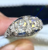 Vintage Art Deco 3 Carat Old Mine Cut Two Stone Double Diamond and Blue Sapphire Platinum Ring