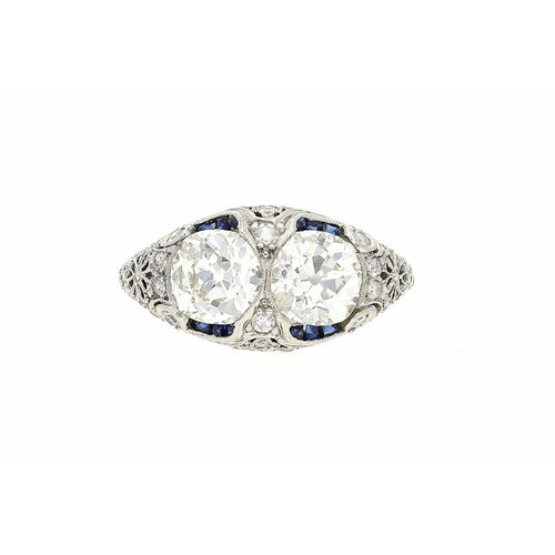 Vintage Art Deco 3 Carat Old Mine Cut Two Stone Double Diamond and Blue Sapphire Platinum Ring