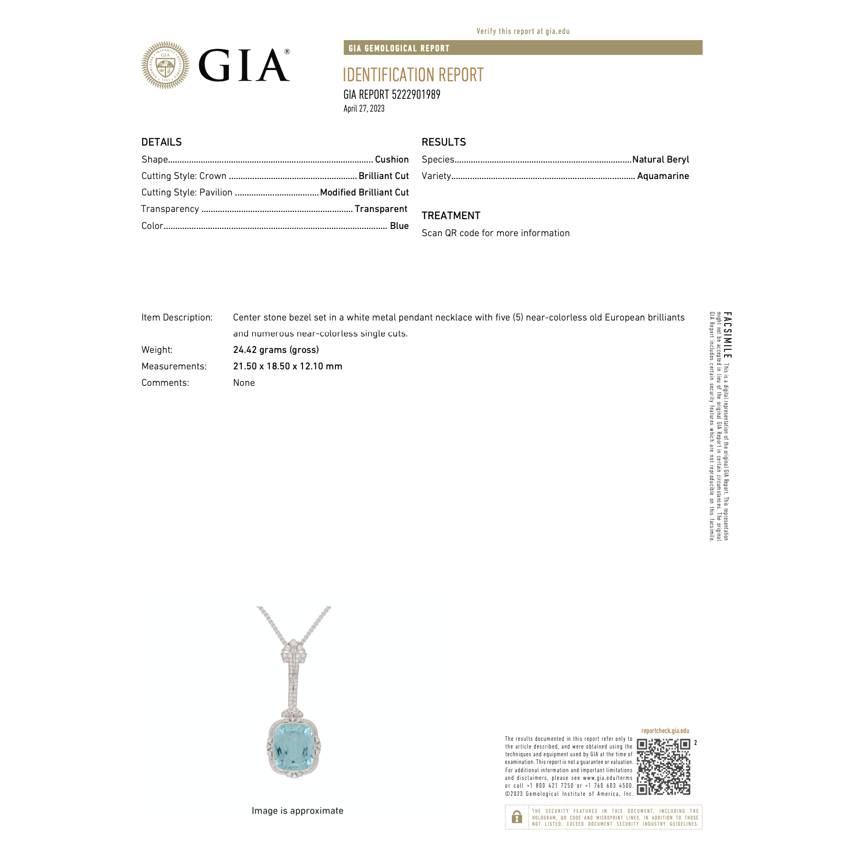 Vintage Art Deco Era GIA Certified Aquamarine and Old Euro Cut Diamond Necklace-Semi Precious Jewelry-ASSAY