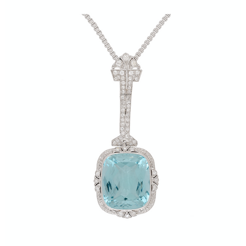 Vintage Art Deco Era GIA Certified Aquamarine and Old Euro Cut Diamond Necklace