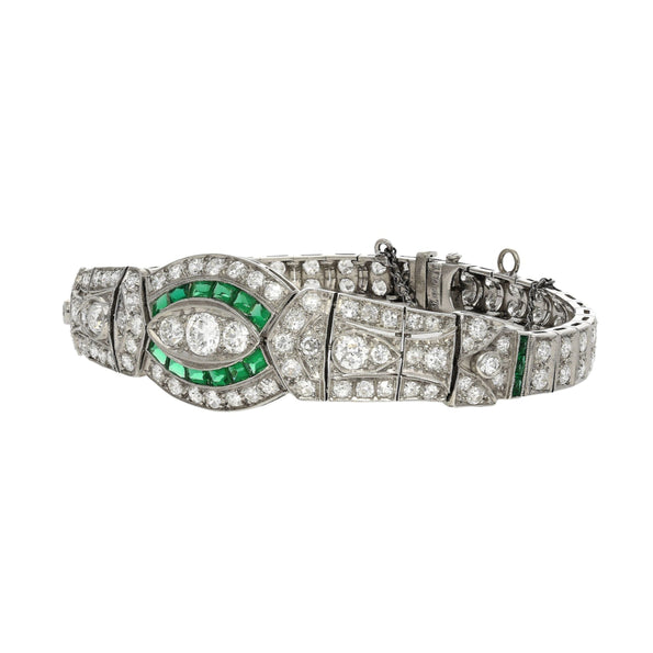 Bracelet Art déco Anciens, diamants taille ancienne et émeraudes, en platine