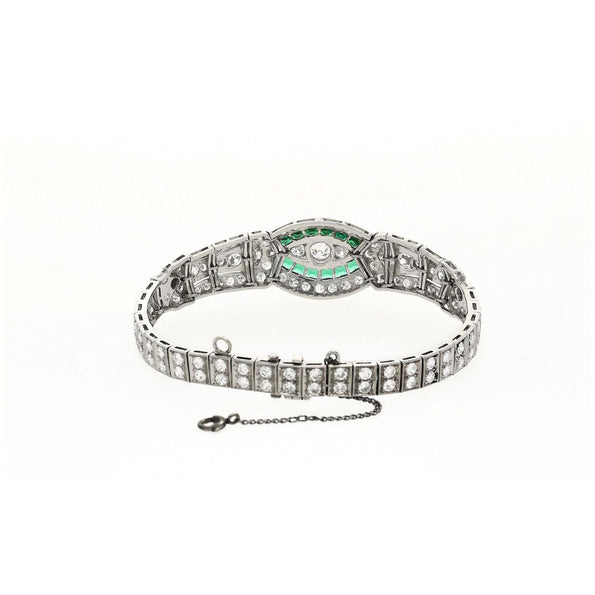 Bracelet Art déco Anciens en platine avec diamants taille ancienne et émeraudes