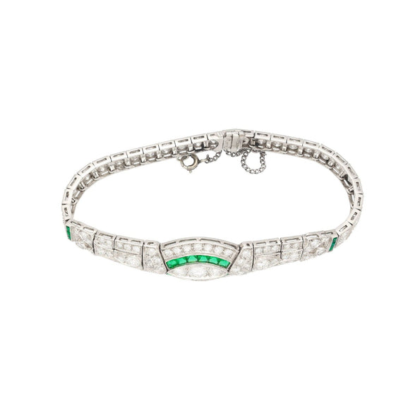 Bracelet Art déco Anciens en platine, diamants taille ancienne européenne et émeraudes