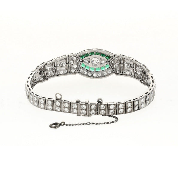 Bracelet Anciens Art déco en platine avec diamant taille ancienne européenne et émeraude