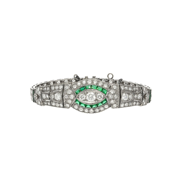 Bracelet Art déco Anciens en platine avec diamants taille ancienne et émeraudes