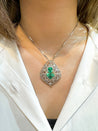 Vintage Art Nouveau Style Carved 18K White Gold Pendant Necklace With Shield Cut Emerald and Diamond Side Stones