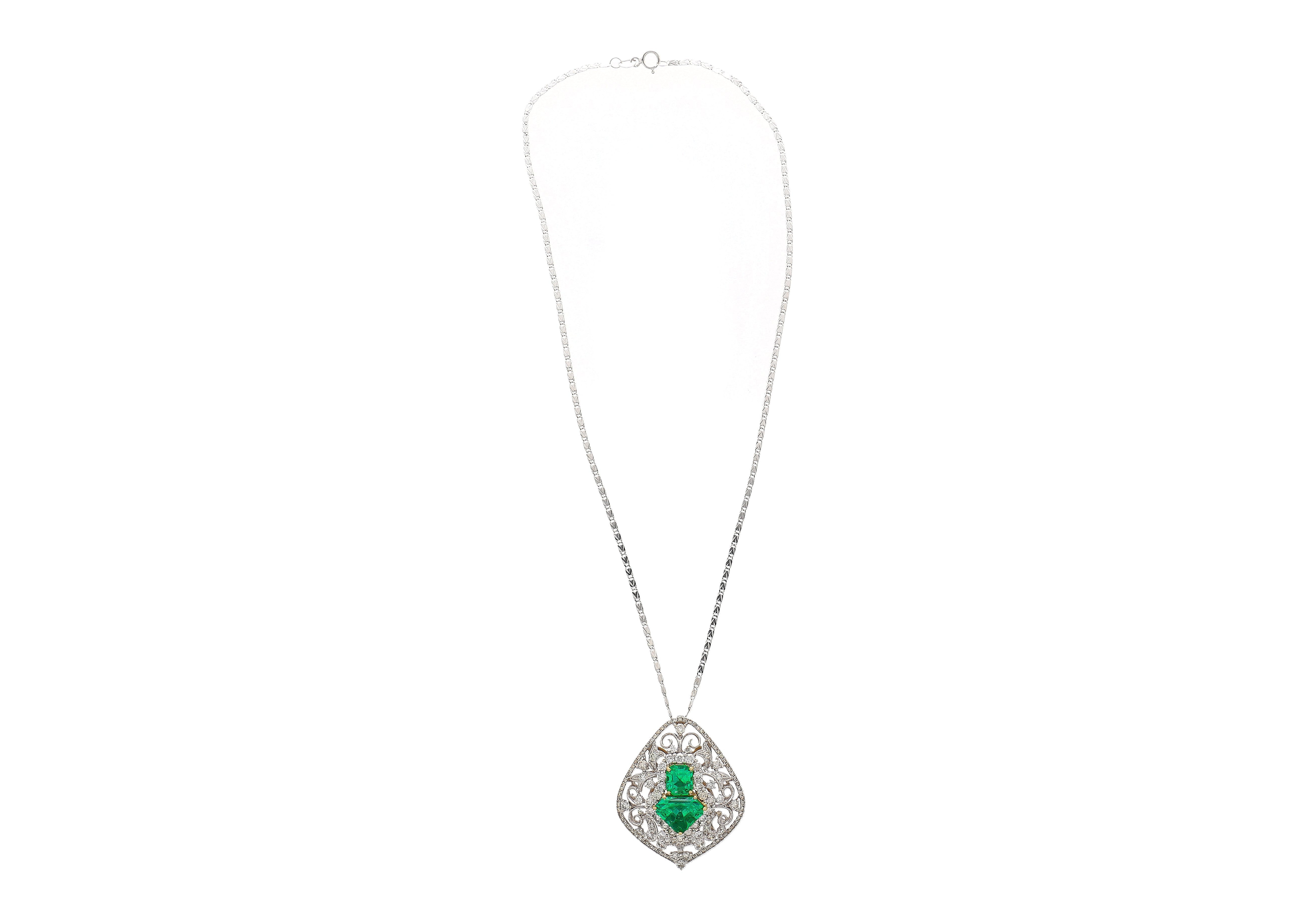 Vintage Art Nouveau Style Carved 18K White Gold Pendant Necklace With Shield Cut Emerald and Diamond Side Stones-Necklace-ASSAY