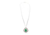 Vintage Art Nouveau Style Carved 18K White Gold Pendant Necklace With Shield Cut Emerald and Diamond Side Stones