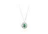 Vintage Art Nouveau Style Carved 18K White Gold Pendant Necklace With Shield Cut Emerald and Diamond Side Stones