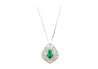 Vintage Art Nouveau Style Carved 18K White Gold Pendant Necklace With Shield Cut Emerald and Diamond Side Stones