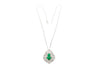 Vintage Art Nouveau Style Carved 18K White Gold Pendant Necklace With Shield Cut Emerald and Diamond Side Stones