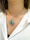 Vintage Art Nouveau Style Carved 18K White Gold Pendant Necklace With Shield Cut Emerald and Diamond Side Stones