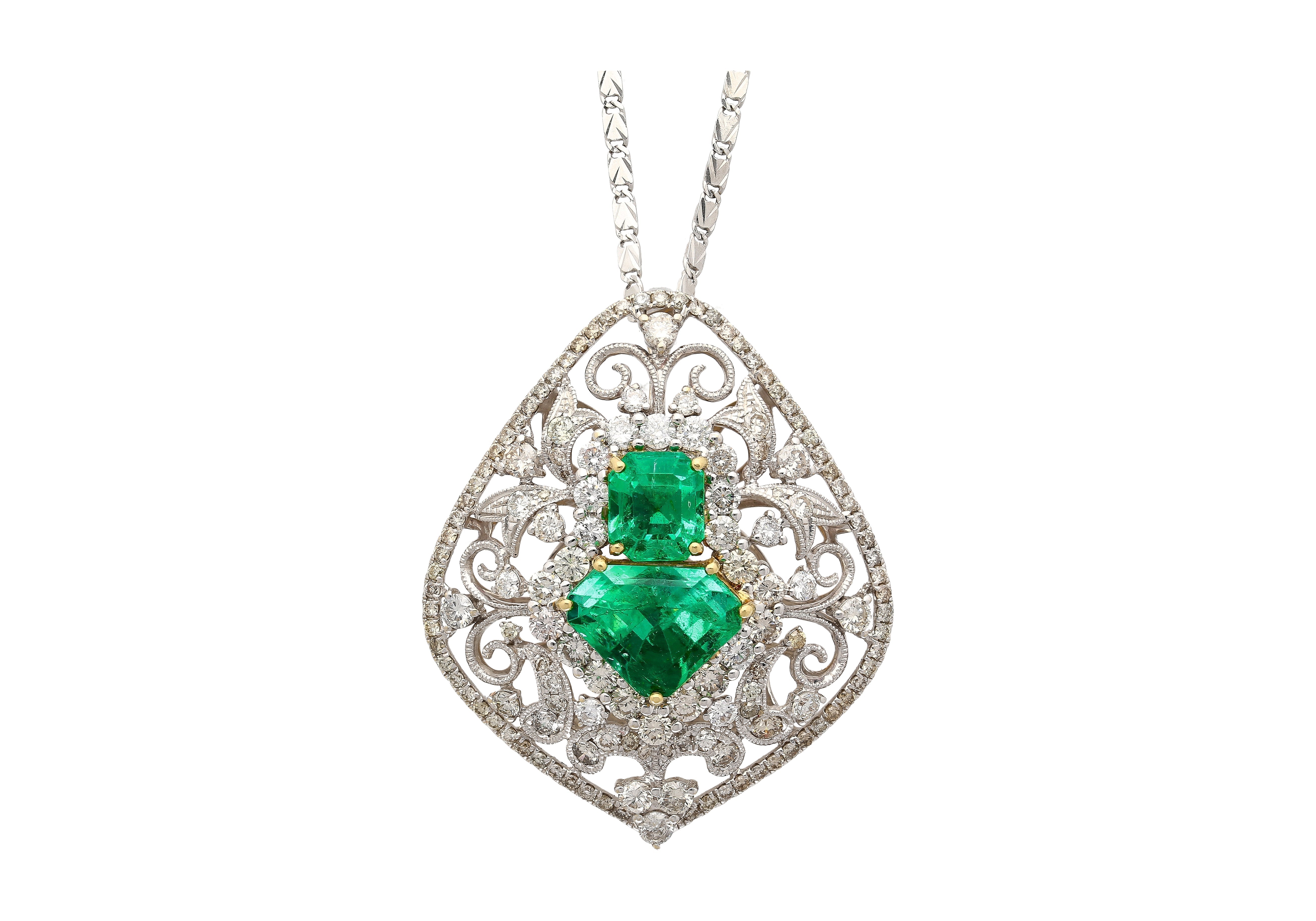 Vintage Art Nouveau Style Carved 18K White Gold Pendant Necklace With Shield Cut Emerald and Diamond Side Stones-Necklace-ASSAY