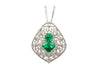 Vintage Art Nouveau Style Carved 18K White Gold Pendant Necklace With Shield Cut Emerald and Diamond Side Stones-Necklace-ASSAY