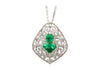 Vintage Art Nouveau Style Carved 18K White Gold Pendant Necklace With Shield Cut Emerald and Diamond Side Stones