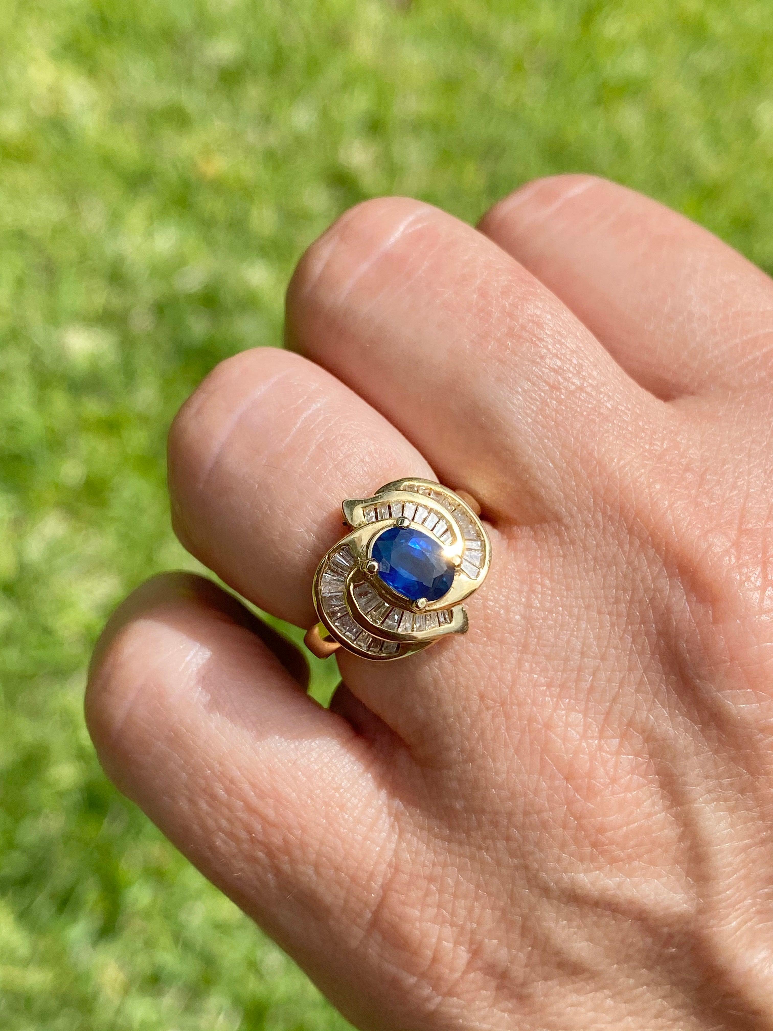 Vintage Blue Sapphire and Baguette Cut Diamond Cocktail 14k Gold Ring - ASSAY