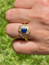 Vintage Blue Sapphire and Baguette Cut Diamond Cocktail 14k Gold Ring