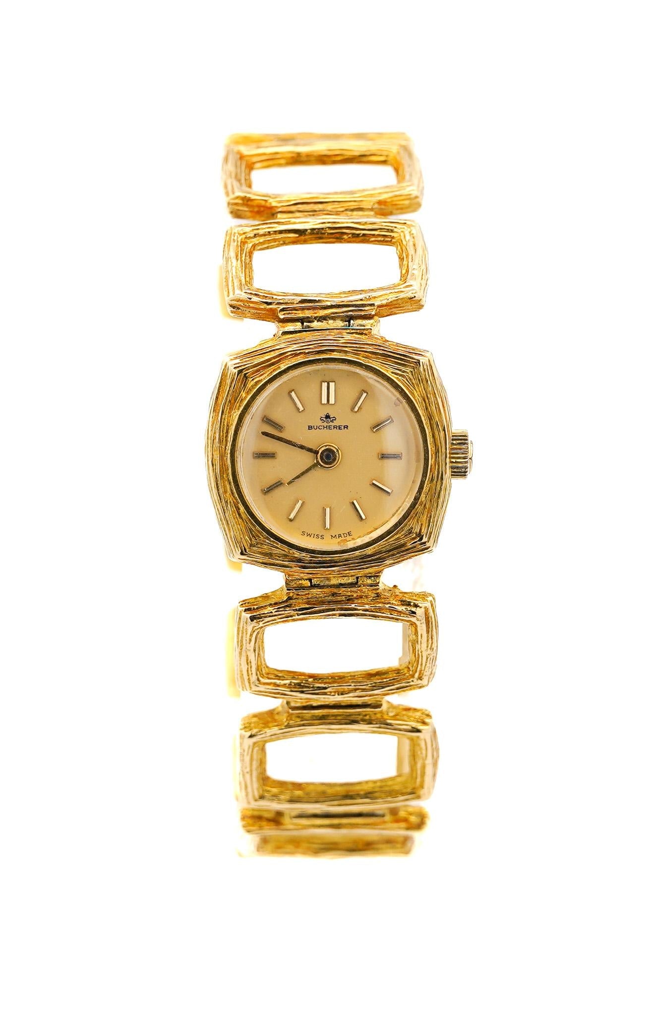 Vintage Bucherer 18K Gold Ladies Textured Square Link Bracelet Watch