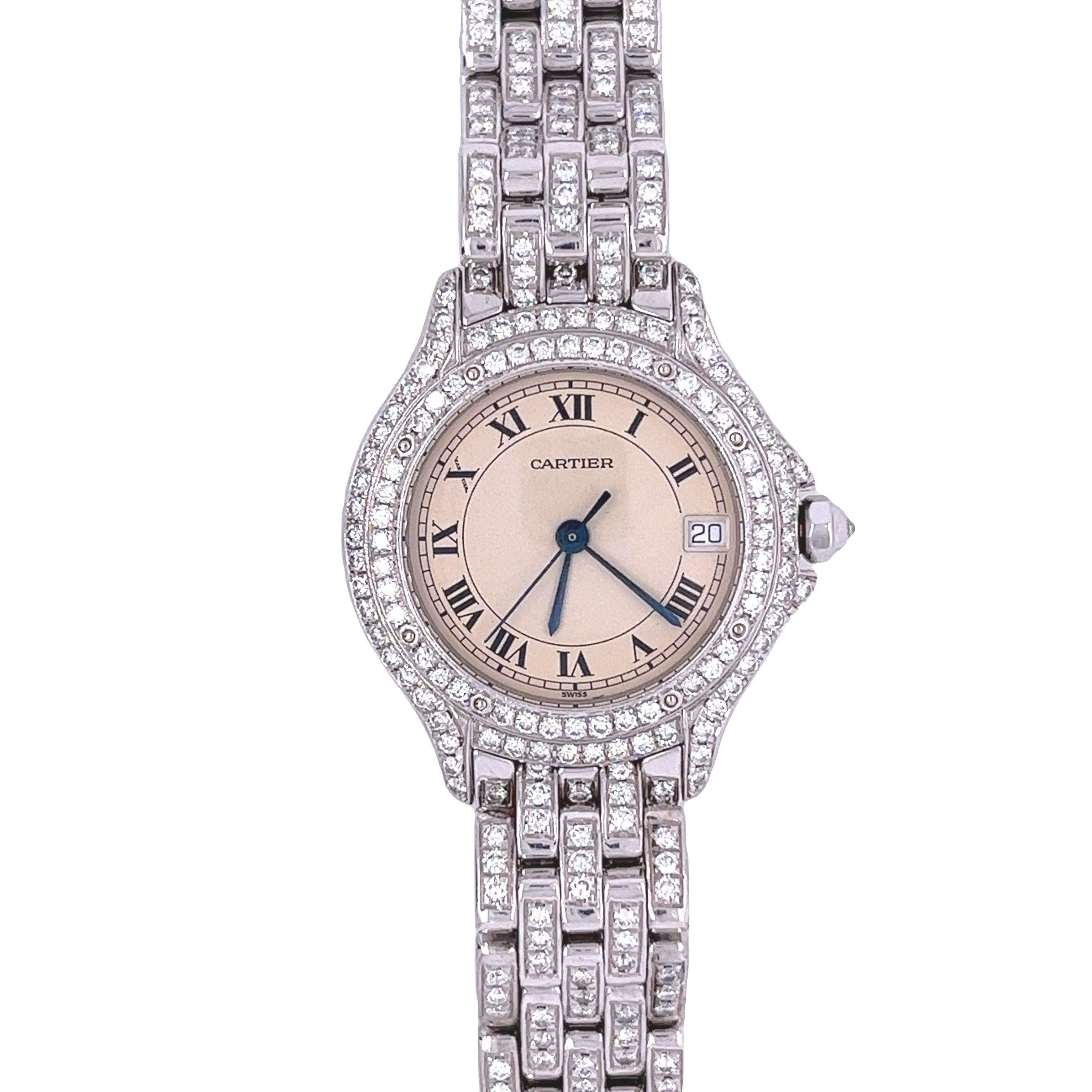 Vintage Cartier 28mm Round Dial Ballon Watch in 18k White Gold with Diamonds-Watches-ASSAY